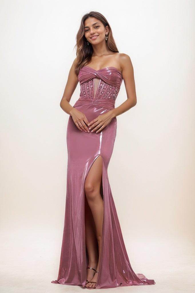 Sweetheart Illusion High Split Sweep Train Prom Dresses CS0796 - COCOMELODY
